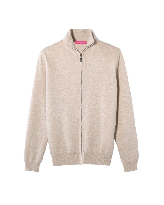 Pull gilet zip en cachemire beige pour homme