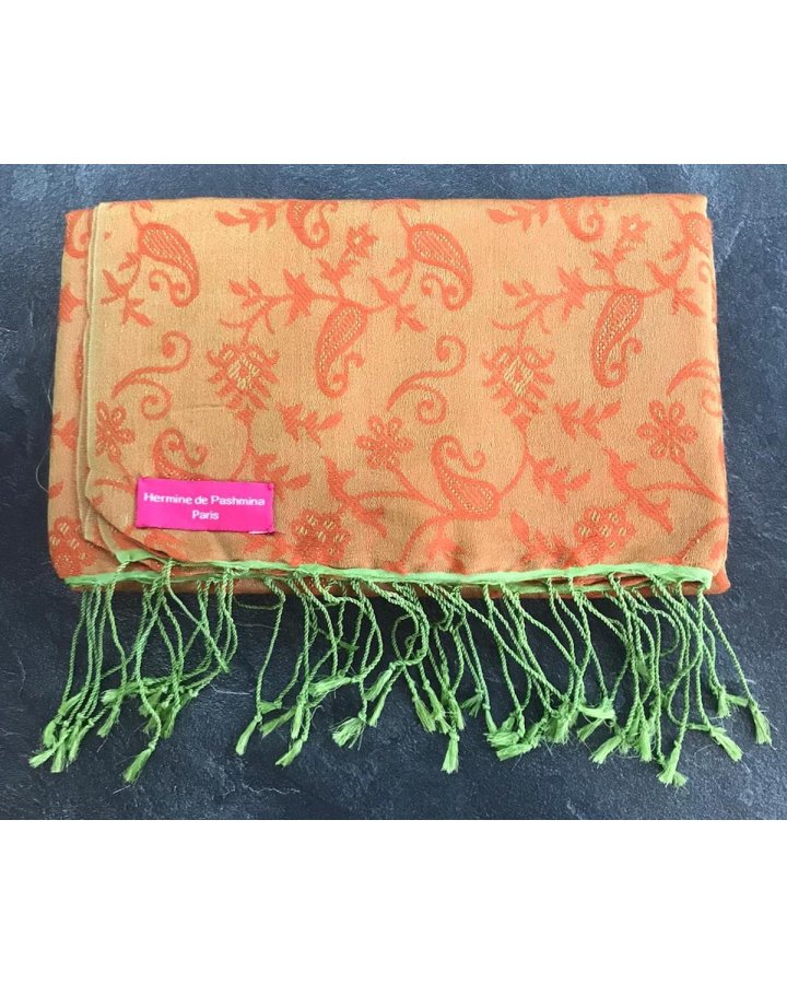 Pashmina en eau de soie Orange et vert brodé