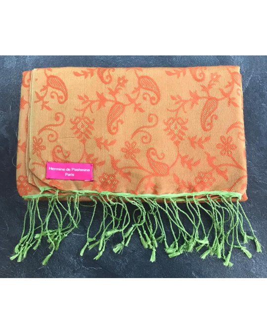 Pashmina en eau de soie Orange et vert brodé