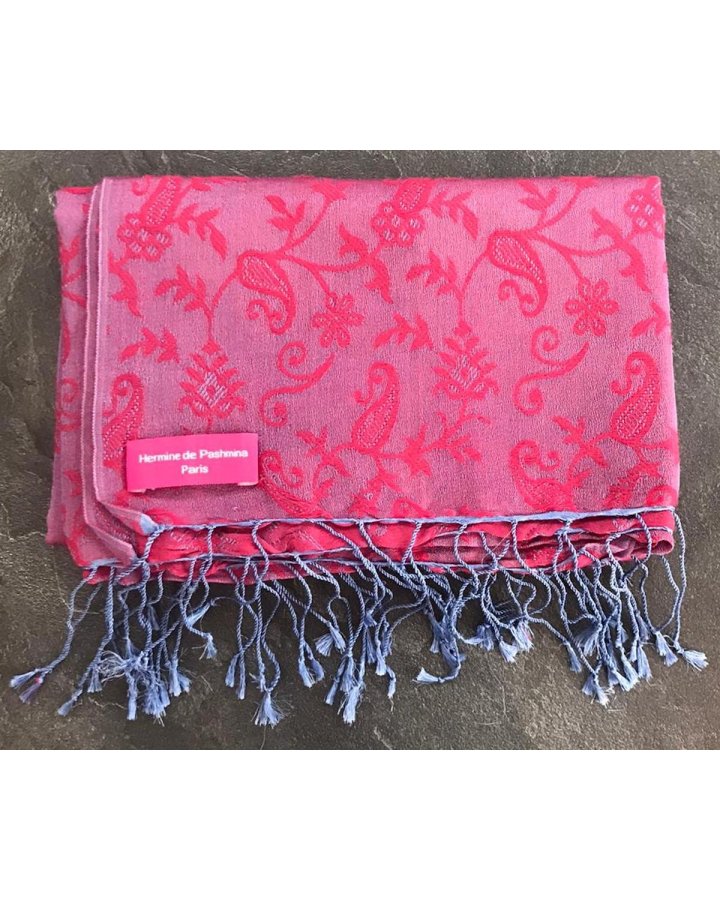 Pashmina en eau de soie Rouge et mauve brodé