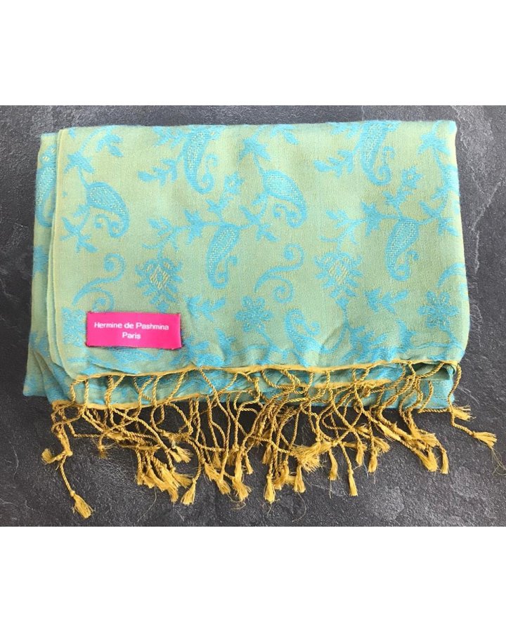 Pashmina en eau de soie Vert turquoise et or