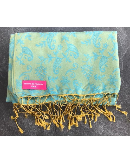Pashmina en eau de soie Vert turquoise et or