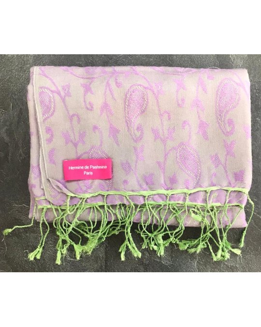 Pashmina en eau de soie Violet et vert brodé