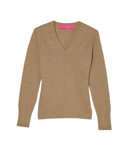 Pull col en V en cachemire camel pour femme