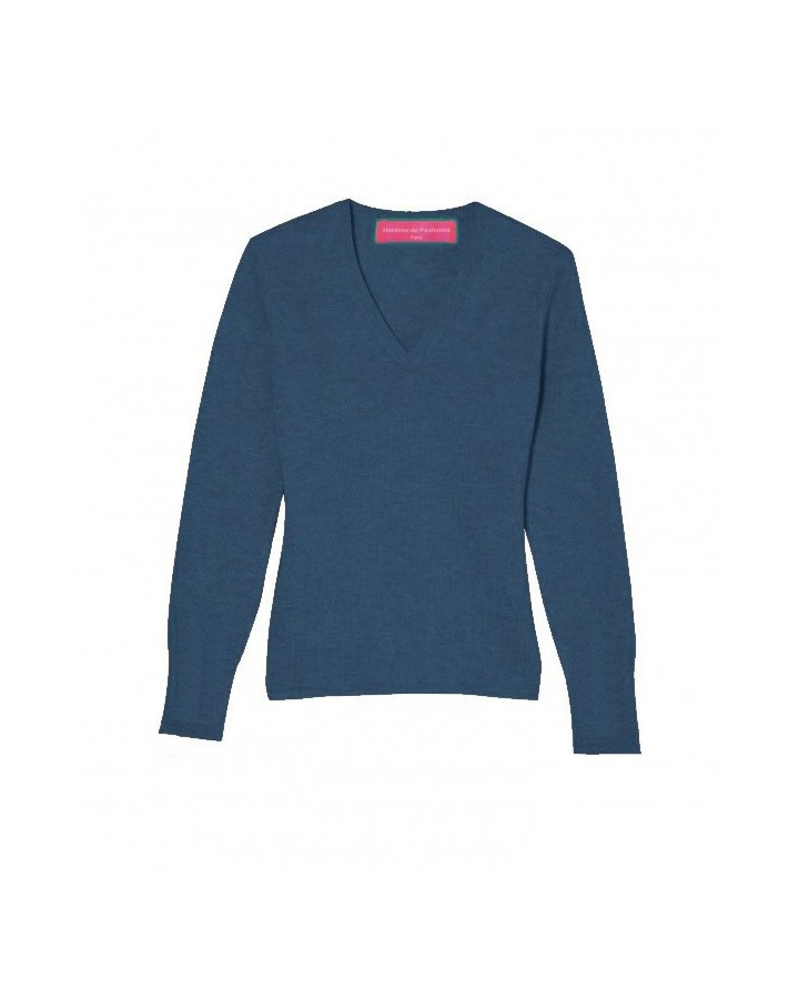 Pull col en V en cachemire bleu surf pour femme