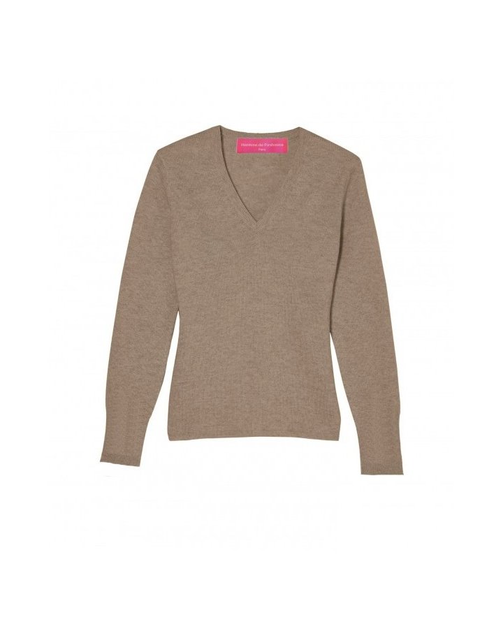 Pull col en V en cachemire café pour femme
