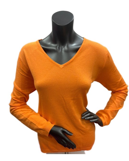 Pull col V laine et bambou orange inferno