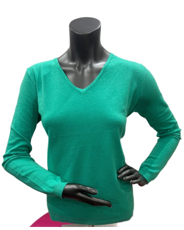 Pull col V laine et bambou vert émeraude