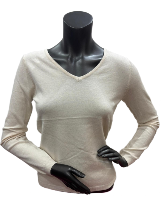 Pull col V laine et bambou beige