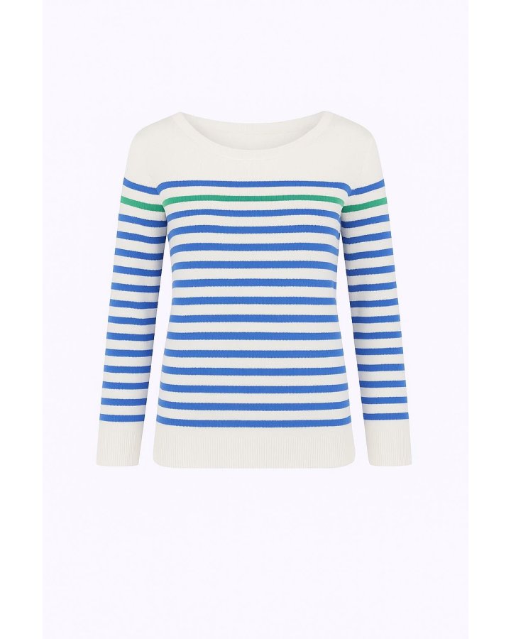 Pull marinière en cachemire blanc rayé bleu ciel et 1 rayure verte