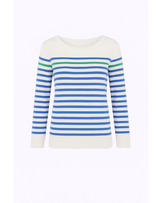 Pull marinière en cachemire blanc rayé bleu ciel et 1 rayure verte