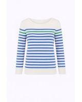 Pull marinière en cachemire blanc rayé bleu ciel et 1 rayure verte