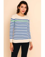 Pull marinière en cachemire blanc rayé bleu ciel et 1 rayure verte