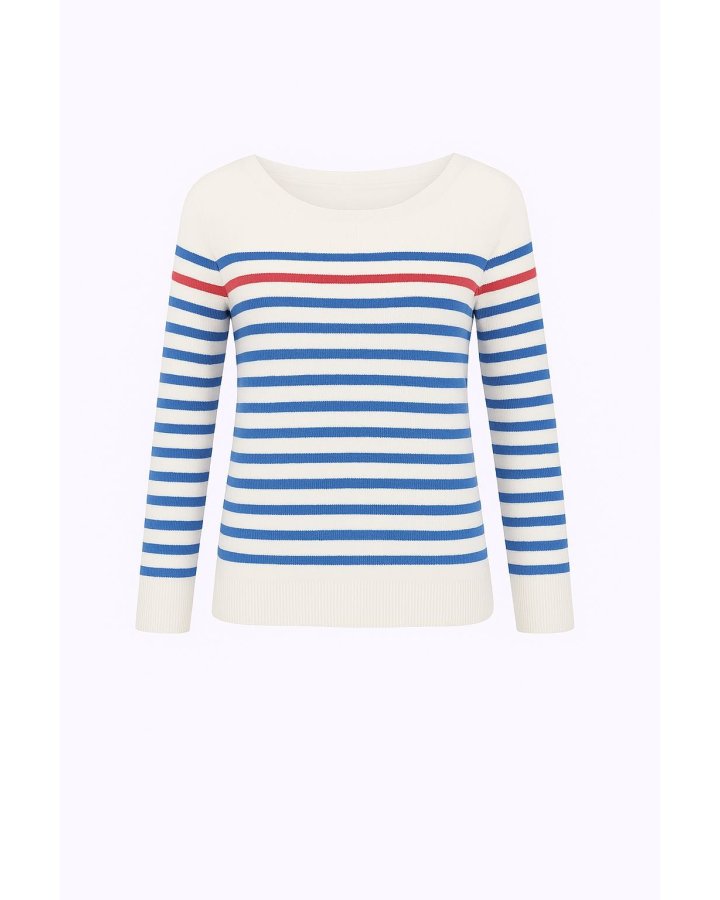 Pull marinière en cachemire blanc rayé bleu ciel et 1 rayure rouge