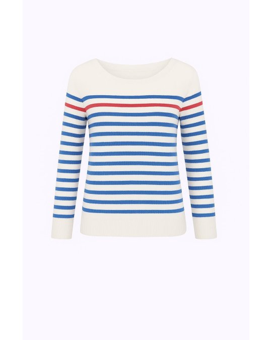Pull marinière en cachemire blanc rayé bleu ciel et 1 rayure rouge