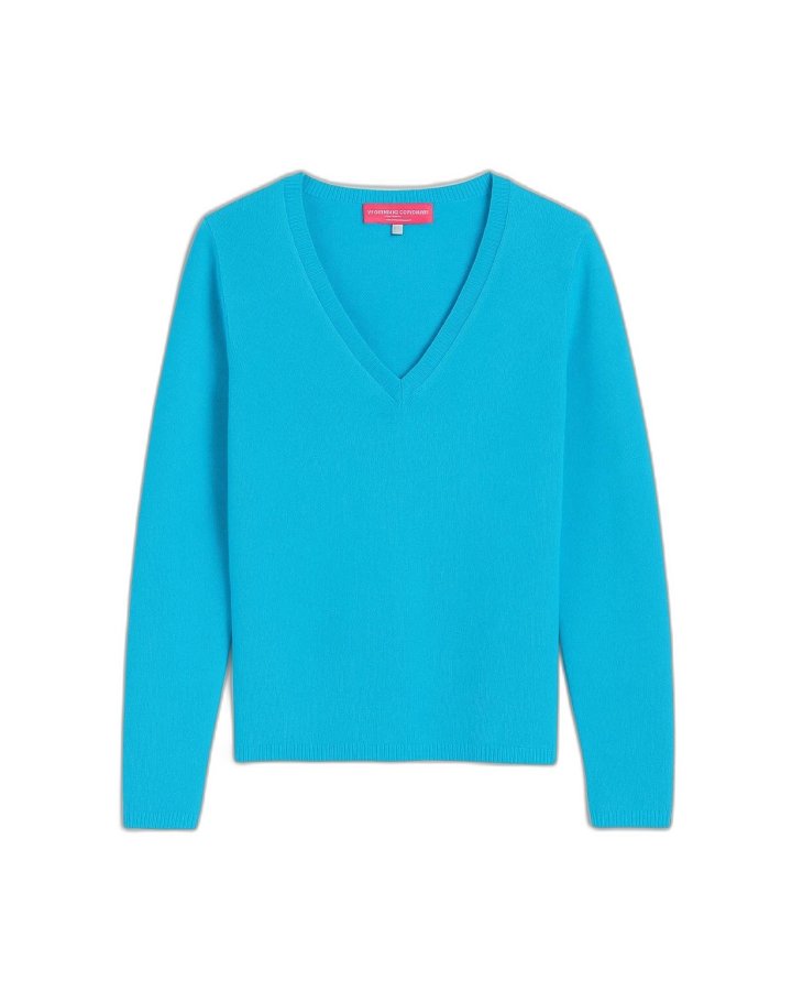 Pull col en V cachemire Bleu Curaçao