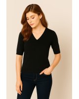 Pull col V manches courtes en cachemire Noir