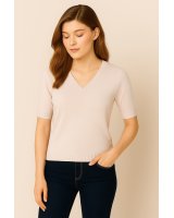 Pull col V manches courtes en cachemire Beige